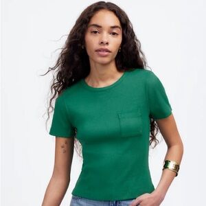 Madewell NWT Garment Dyed Ribbed Crewneck Pocket Tee Size Small in Verdant Green